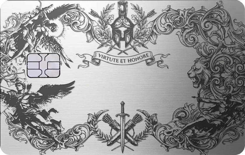 Brushed silver Regal Crest luxury card with intricate dark ornamental detailing