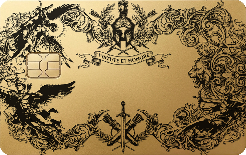 Matte gold Regal Crest luxury card with detailed ornamental crest design