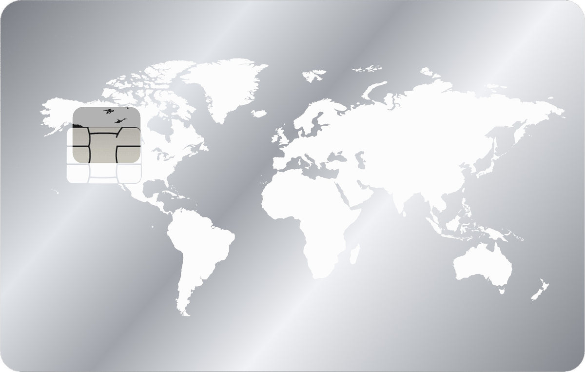 World Map Silver metal card in Glossy Silver